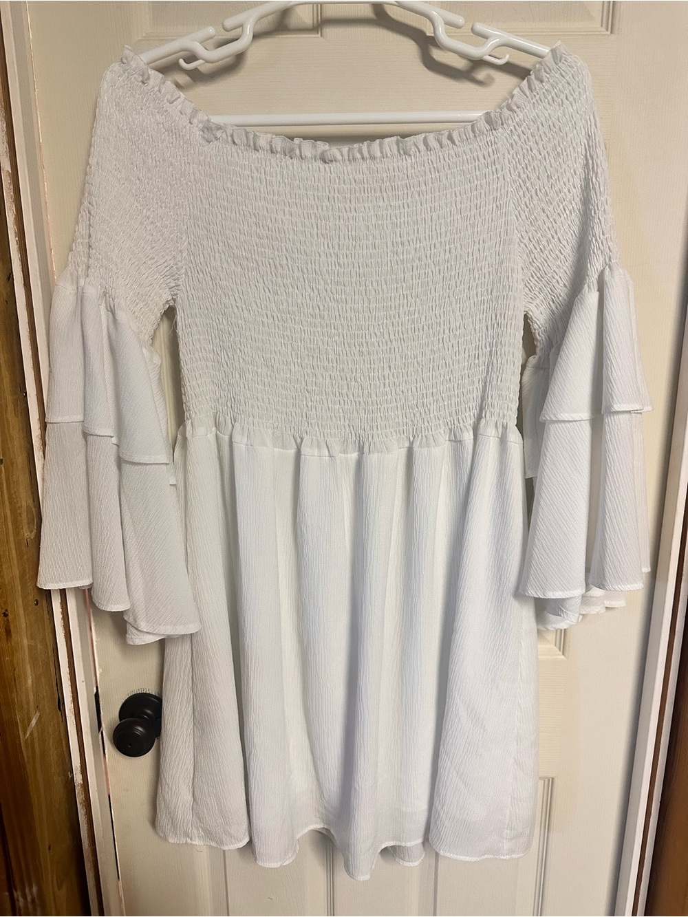White Off-Shoulder Smocked Bodice Dress with Tiered Bell Sleeves